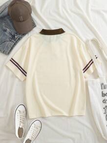 INAWLY Letter Graphic Contrast Collar Tee Graphic Tees Women Tops - Apricot - View 2