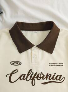 INAWLY Letter Graphic Contrast Collar Tee Graphic Tees Women Tops - Apricot - View 4