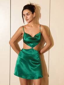 垂領腰部鏤空緞面吊帶連衣裙 - 綠色 - 查看 5