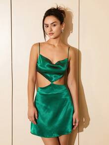 垂領腰部鏤空緞面吊帶連衣裙 - 綠色 - 查看 8