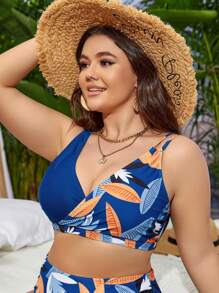 SHEIN Swim Curve Plus Size Tropical Print Wrap Cross Bikini Top Summer - Blue - View 5