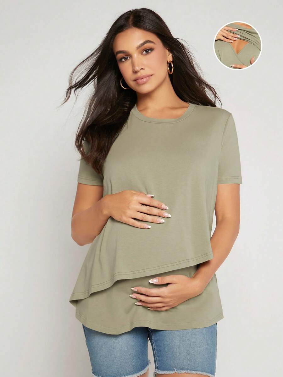 SHEIN Áo thun Bà bầu màu trơn Giải trí - Màu xanh Bạc hà - Xem 1