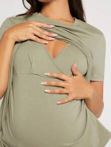 SHEIN Áo thun Bà bầu màu trơn Giải trí - Màu xanh Bạc hà - Xem 8