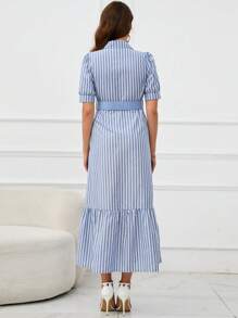 SHEIN Privé Striped Print Ruffle Hem Belted Shirt Dress - Blue and White - View 2