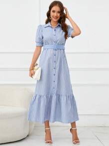 SHEIN Privé Striped Print Ruffle Hem Belted Shirt Dress - Blue and White - View 3