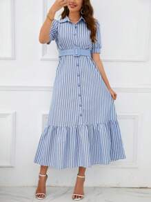SHEIN Privé Striped Print Ruffle Hem Belted Shirt Dress - Blue and White - View 5