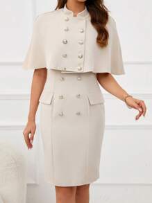 SHEIN Privé 雙排釦斗篷外套&翻蓋細節雙排釦前連衣裙 - 杏色 - 查看 1