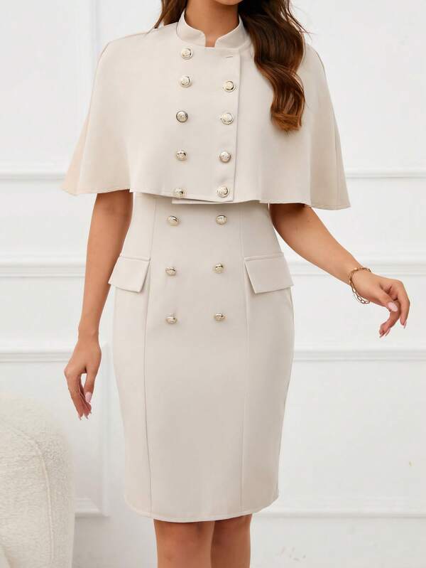 SHEIN Privé Double Breasted Cape Coat & Flap Detail Double Button Front