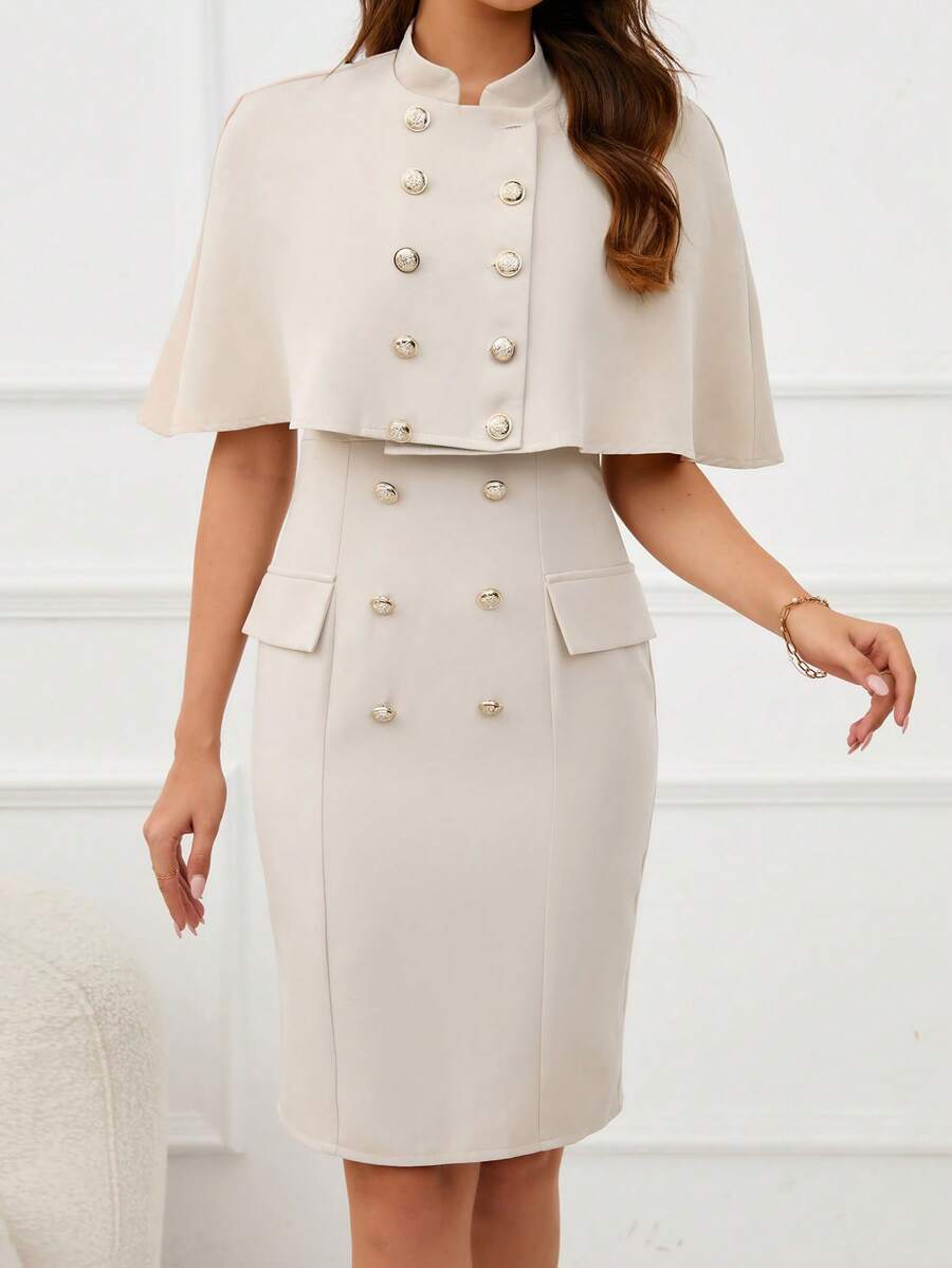 SHEIN Privé 雙排釦斗篷外套&翻蓋細節雙排釦前連衣裙 - 杏色 - 查看 1