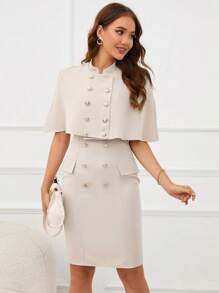 SHEIN Privé 雙排釦斗篷外套&翻蓋細節雙排釦前連衣裙 - 杏色 - 查看 5