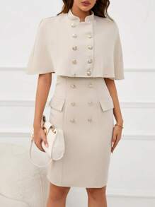 SHEIN Privé 雙排釦斗篷外套&翻蓋細節雙排釦前連衣裙 - 杏色 - 查看 6