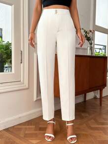 SHEIN Privé 素色斜口袋長褲 - 白色 - 查看 5