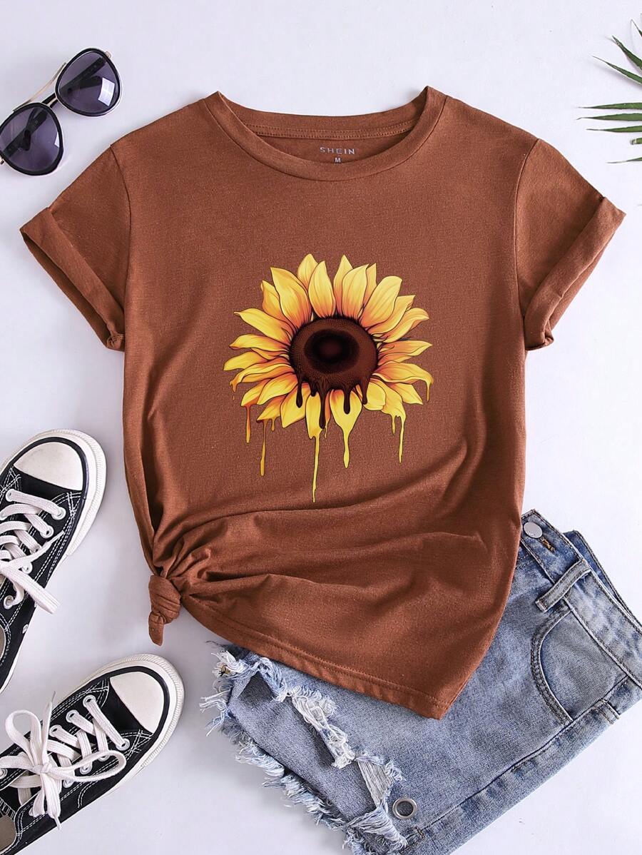 SHEIN LUNE Sunflower Print Tee - Rust Brown - View 1