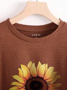 SHEIN LUNE Sunflower Print Tee - Rust Brown - View 3