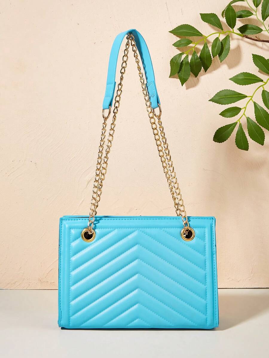 Chevron Pattern Square Bag Blue Fashionable Chain Strap - Blue - View 1
