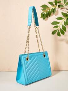 Chevron Pattern Square Bag Blue Fashionable Chain Strap - Blue - View 2
