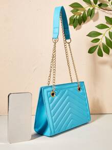 Chevron Pattern Square Bag Blue Fashionable Chain Strap - Blue - View 4