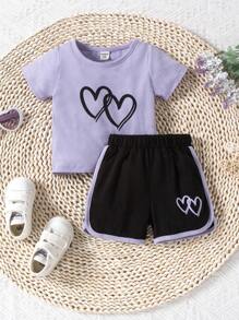 Baby Girl Heart Print Tee & Contrast Binding Shorts - Violet Purple - View 1