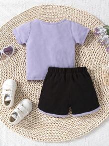 Baby Girl Heart Print Tee & Contrast Binding Shorts - Violet Purple - View 2