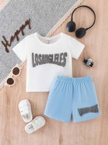 Baby Boy Letter Patched Tee & Shorts Set - Blue and White - View 1