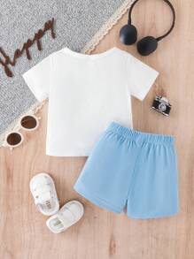 Baby Boy Letter Patched Tee & Shorts Set - Blue and White - View 2