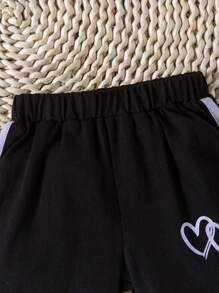 Baby Girl Heart Print Tee & Contrast Binding Shorts - Violet Purple - View 6