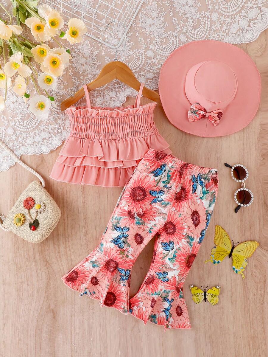 嬰兒女孩荷葉邊背心上衣＆花卉印花喇叭褲＆帽子 - 粉色 - 查看 1