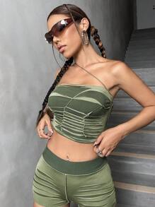 SHEIN ICON 單肩褶邊短款上衣 - 軍綠色 - 查看 3