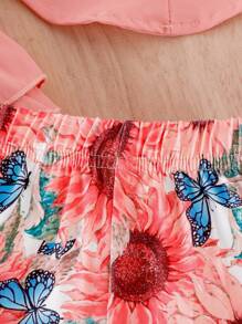 嬰兒女孩荷葉邊背心上衣＆花卉印花喇叭褲＆帽子 - 粉色 - 查看 6