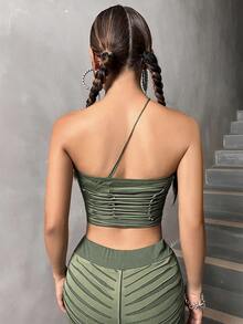 SHEIN ICON 單肩褶邊短款上衣 - 軍綠色 - 查看 6