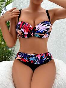 SHEIN 熱帶圖案聚攏比基尼泳裝 - 彩色 - 查看 1
