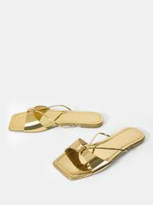 SheIn SXY Women Metallic Flat Sandals, Glamorous Gold Slide Sandals - Gold - View 2