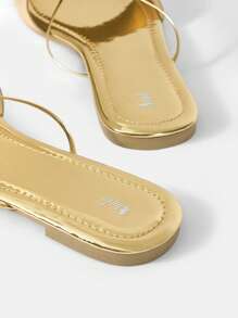 SheIn SXY Women Metallic Flat Sandals, Glamorous Gold Slide Sandals - Gold - View 3