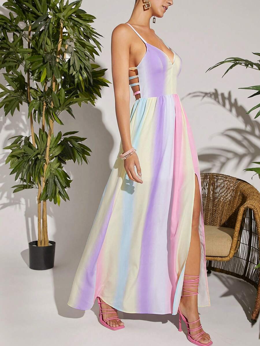 L'Amorae Váy yếm hở lưng xẻ gấu cầu vồng Ombre - Nhiều màu - Xem 1