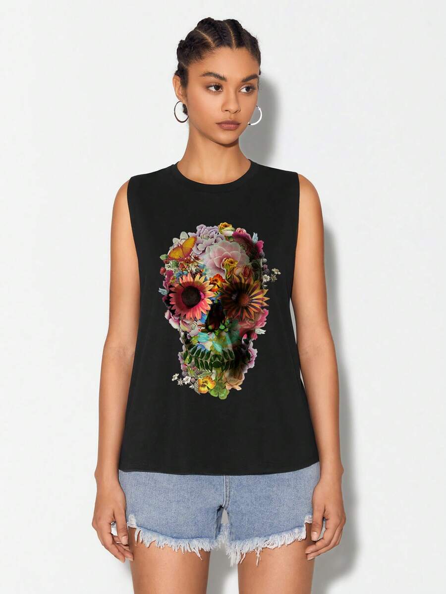 Ali Gulec Skull & Floral Print Tank Top - Black - View 1