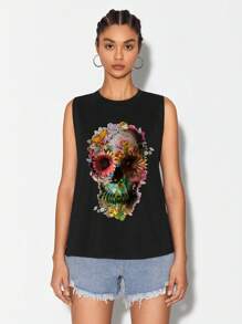 Ali Gulec Skull & Floral Print Tank Top - Black - View 5
