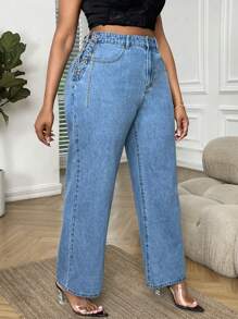 SHEIN 大碼側邊綁帶闊腿牛仔褲 - 中等水洗藍 - 查看 3