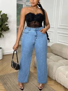 SHEIN 大碼側邊綁帶闊腿牛仔褲 - 中等水洗藍 - 查看 4