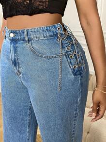 SHEIN 大碼側邊綁帶闊腿牛仔褲 - 中等水洗藍 - 查看 6