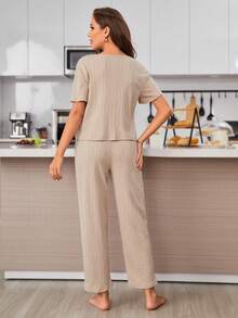 Solid V Neck Tee & Trousers Lounge Set - Apricot - View 2