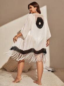 SHEIN Swim Curve Plus Colorblock Fringe Hem Kimono - Black and White - View 2