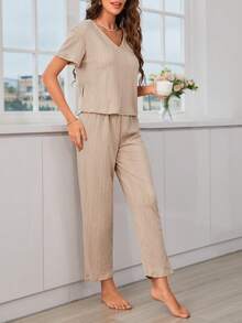 Solid V Neck Tee & Trousers Lounge Set - Apricot - View 3