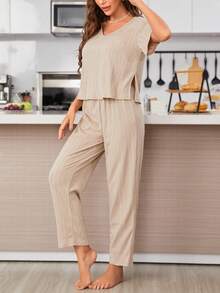 Solid V Neck Tee & Trousers Lounge Set - Apricot - View 4