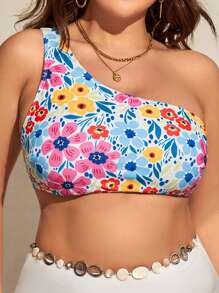 SHEIN Swim Curve Top bikini con estampado floral de un hombro - Multicolor - Ver 1