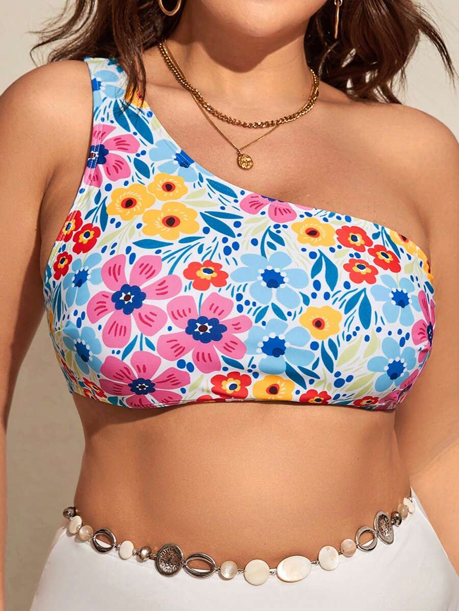 SHEIN Swim Curve Top bikini con estampado floral de un hombro - Multicolor - Ver 1