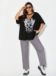 Vecster 大碼翅膀印花鎖脖領口落肩T恤 - 黑色 - 查看 3