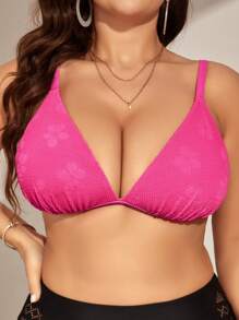 SHEIN Swim Curve Plus Floral Jacquard Triangle Bikini Top - Hot Pink - View 1