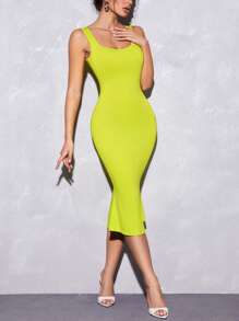 SHEIN BAE Vestido ajustado tank unicolor - Verde - Ver 3