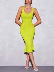 SHEIN BAE Vestido ajustado tank unicolor - Verde - Ver 5