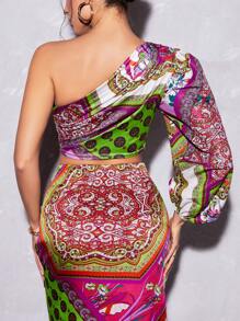 SHEIN VCAY Paisley Print One Shoulder Lantern Sleeve Crop Blouse